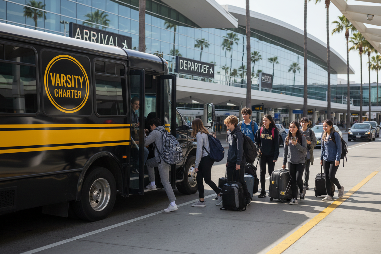 Generate an image of a black shuttle bus with yellow trips and the logo "Varsity Charter" dropping high school student off at the airport